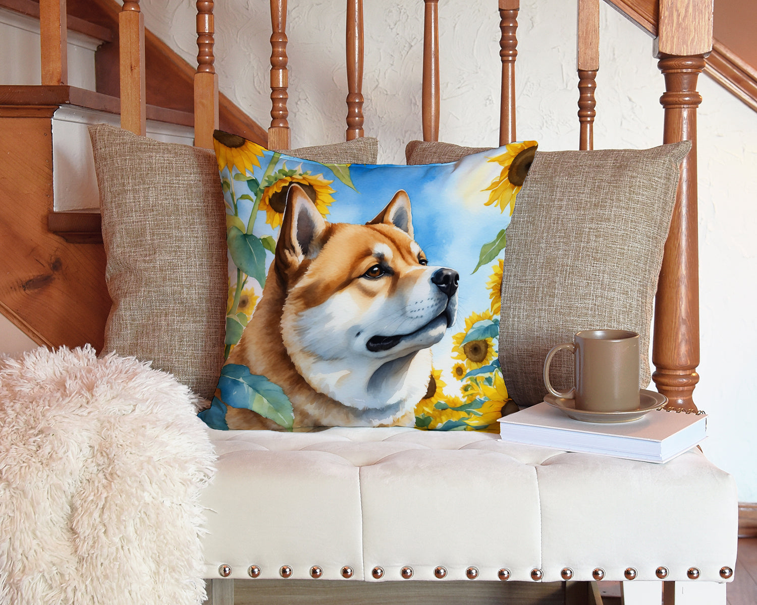 Akita in Sunflowers Decorative Throw Pillow 14x14 Indoor Outdoor Accent Cushion, Fabric Cover with Insert for Sofa, Bed, Porch & Living Room