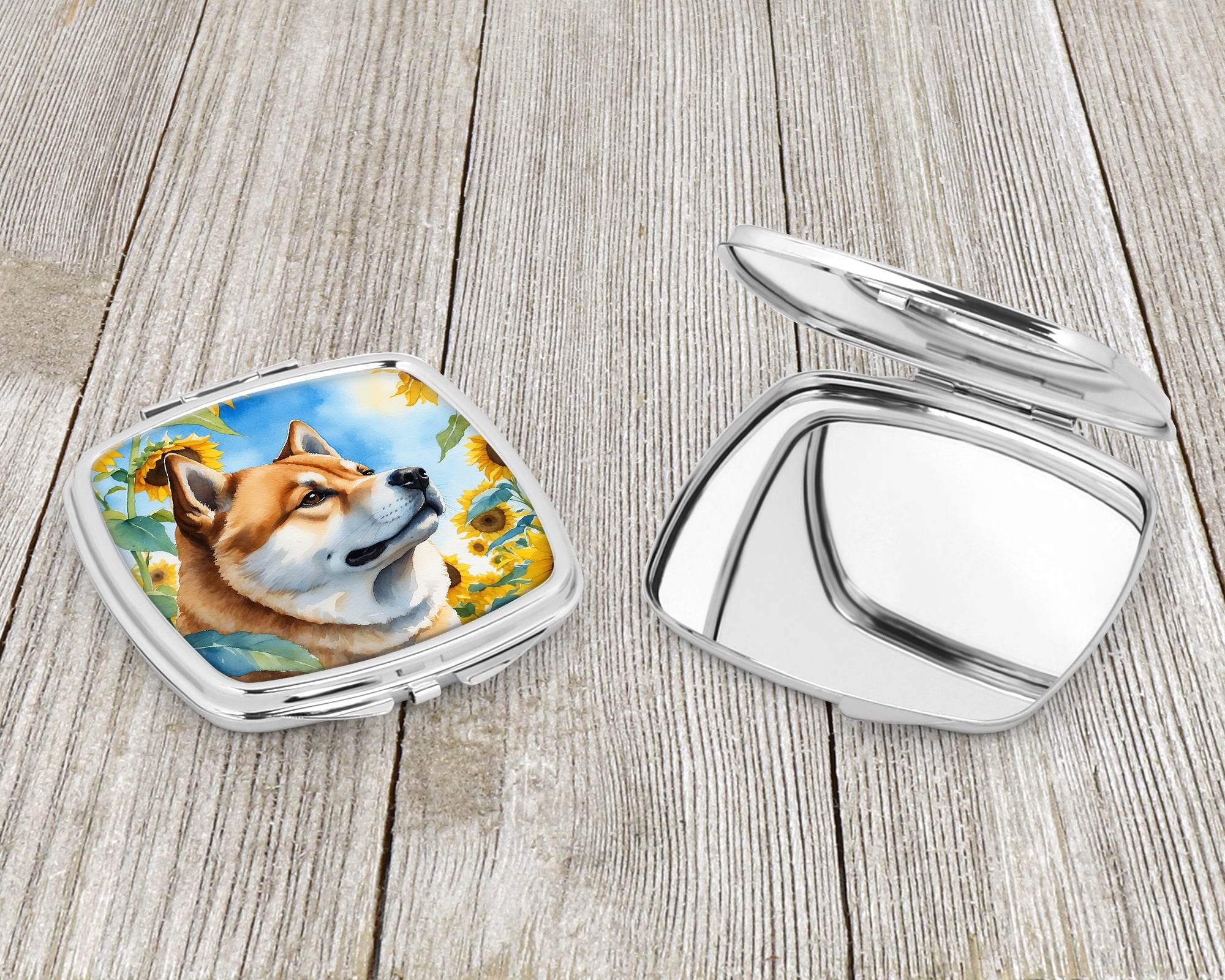 Akita in Sunflowers Compact Mirror Decorative Travel Makeup Mirror for Women Girls Gifts Pocket Makeup Mirror Folding Handheld