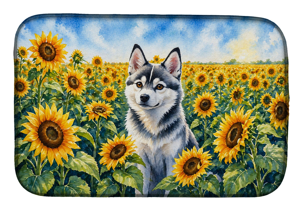 Alaskan Klee Kai in Sunflowers Dish Drying Mat Absorbent Dish Drying Mat Pad for Kitchen Counter Dish Drainer Mat for Countertop, 14 x 21", Multicolor