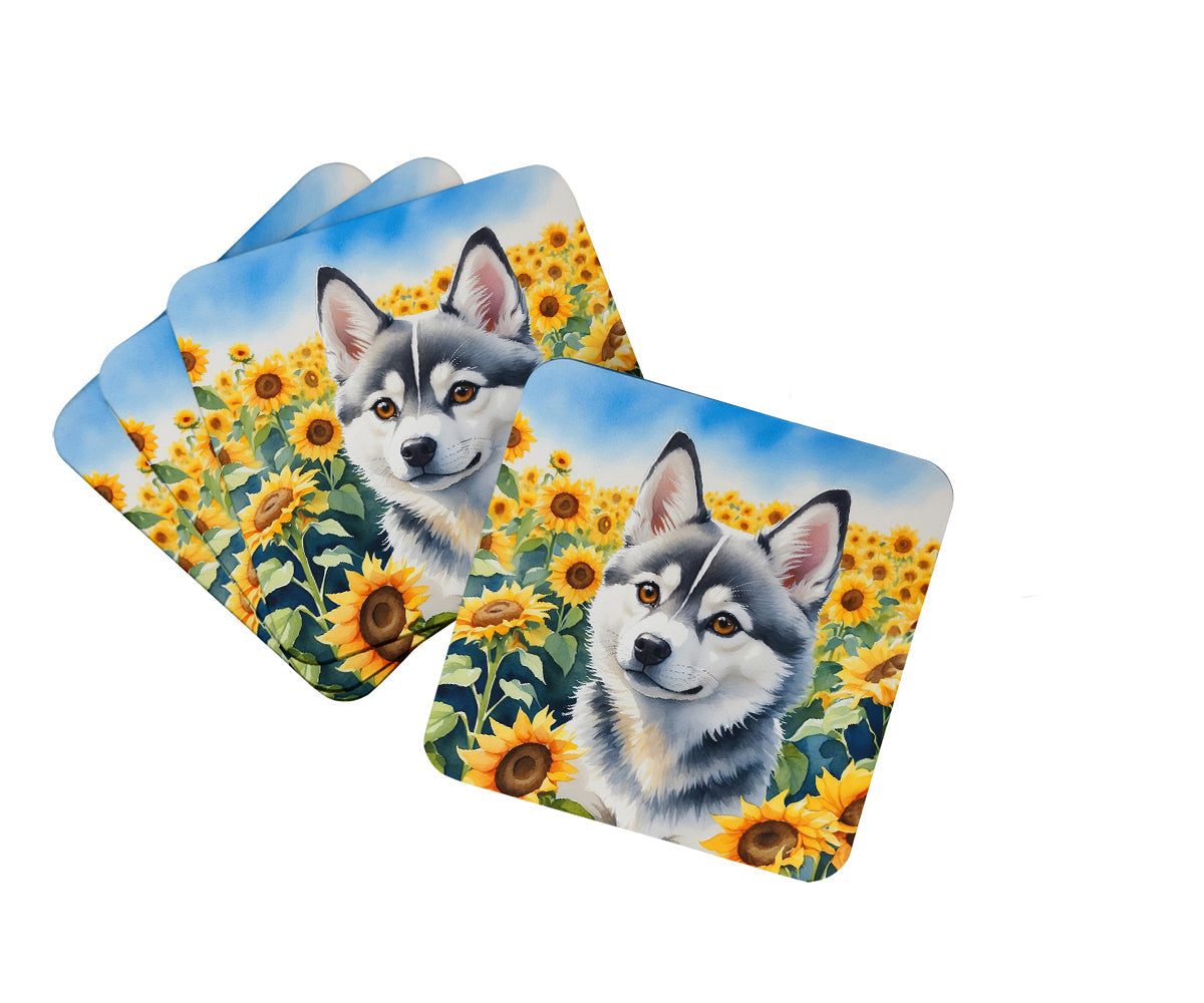 Alaskan Klee Kai in Sunflowers Foam Coasters Set of 4 Cup Coasters for Indoor Outdoor, Tabletop Protection, Anti Slip, Mouse pad Material