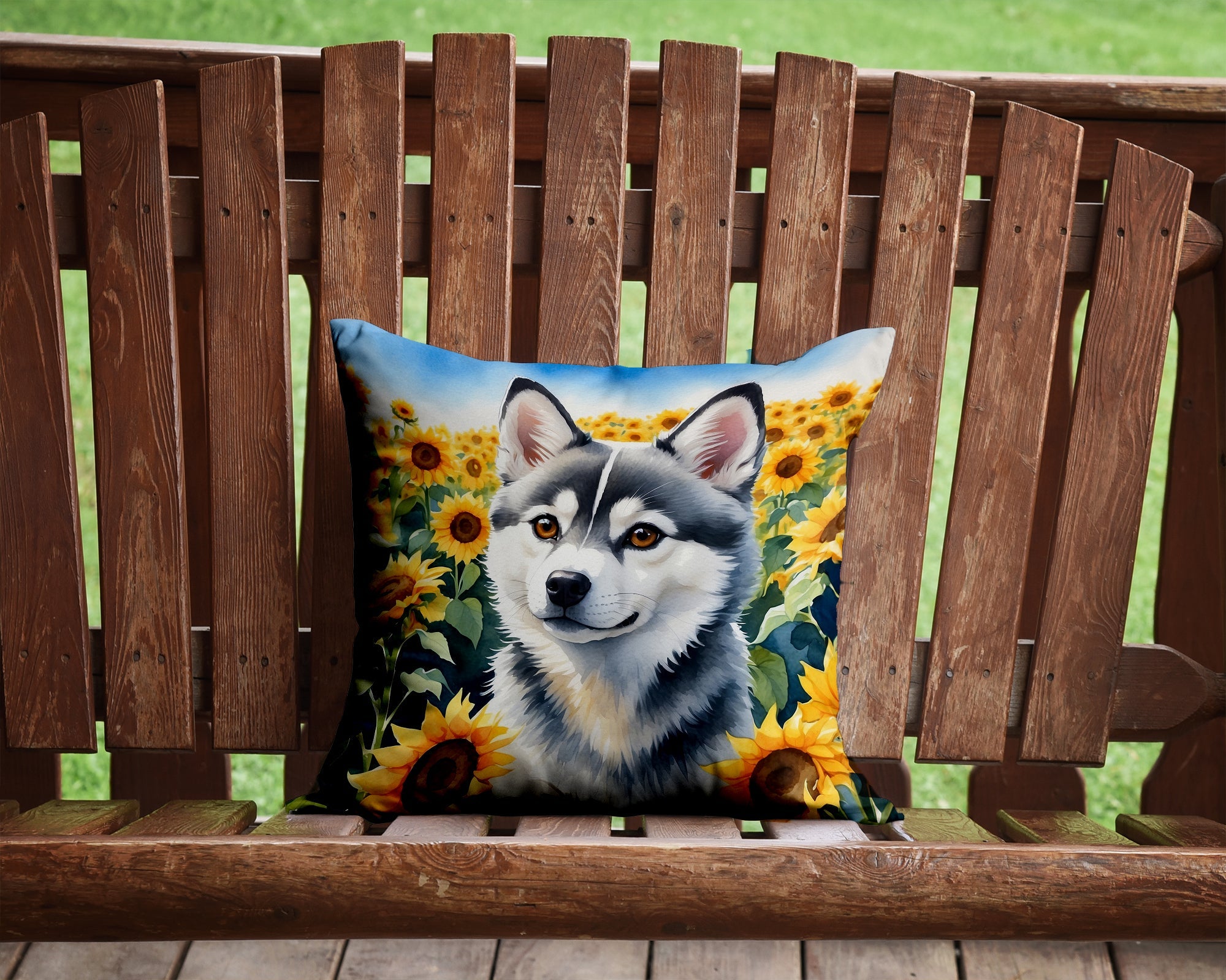 Alaskan Klee Kai in Sunflowers Decorative Throw Pillow 14x14 Indoor Outdoor Accent Cushion, Fabric Cover with Insert for Sofa, Bed, Porch & Living Room