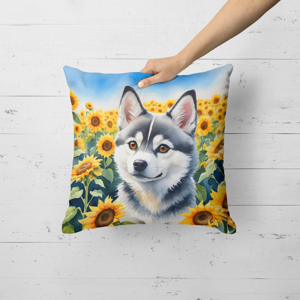 Alaskan Klee Kai in Sunflowers Decorative Throw Pillow 18x18 Indoor Outdoor Accent Cushion, Fabric Cover with Insert for Sofa, Bed, Porch & Living Room