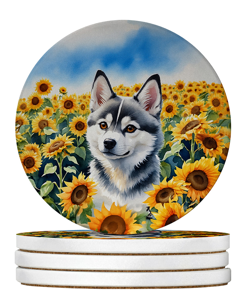 Alaskan Klee Kai in Sunflowers Large Sandstone Coasters Pack of 4 Absorbent Round Coasters Decor Gifts for Men or Women, 4 in, Multicolor