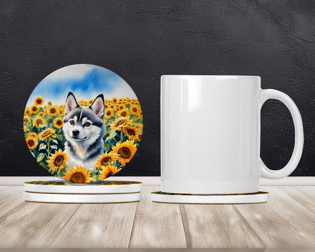 Alaskan Klee Kai in Sunflowers Large Sandstone Coasters Pack of 4 Absorbent Round Coasters Decor Gifts for Men or Women, 4 in, Multicolor