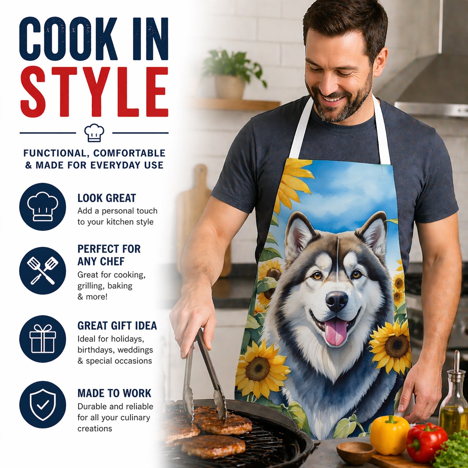 Alaskan Malamute in Sunflowers Apron Cooking Kitchen Server Baking Crafts Gardening for Adult Women Men, Unisex, Large, Multicolor