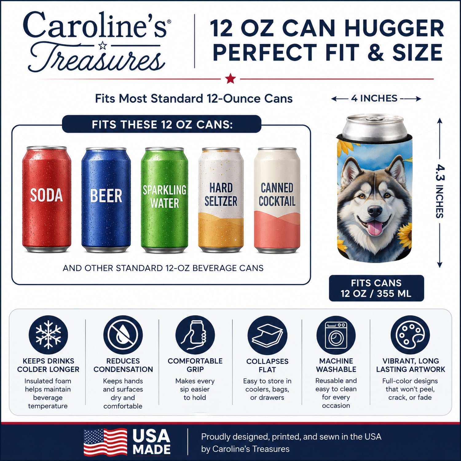 Alaskan Malamute in Sunflowers Can or Bottle Hugger Cooler Sleeve for Standard 12 oz Cans, Insulated Foam Beer & Soda Can Hugger Reusable