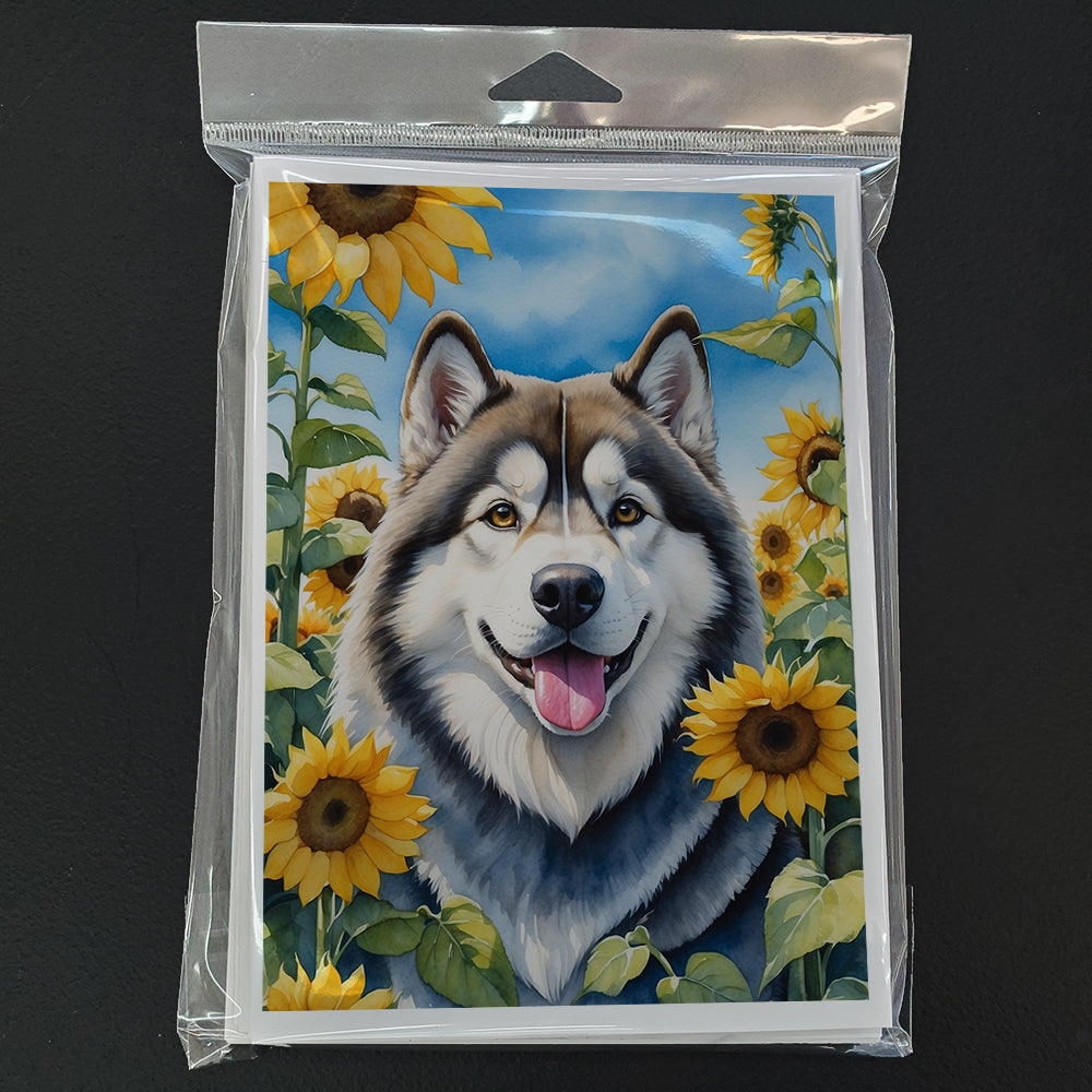 Alaskan Malamute in Sunflowers Greeting Cards Pack of 8 Blank Cards with Envelopes Whimsical A7 Size 5x7