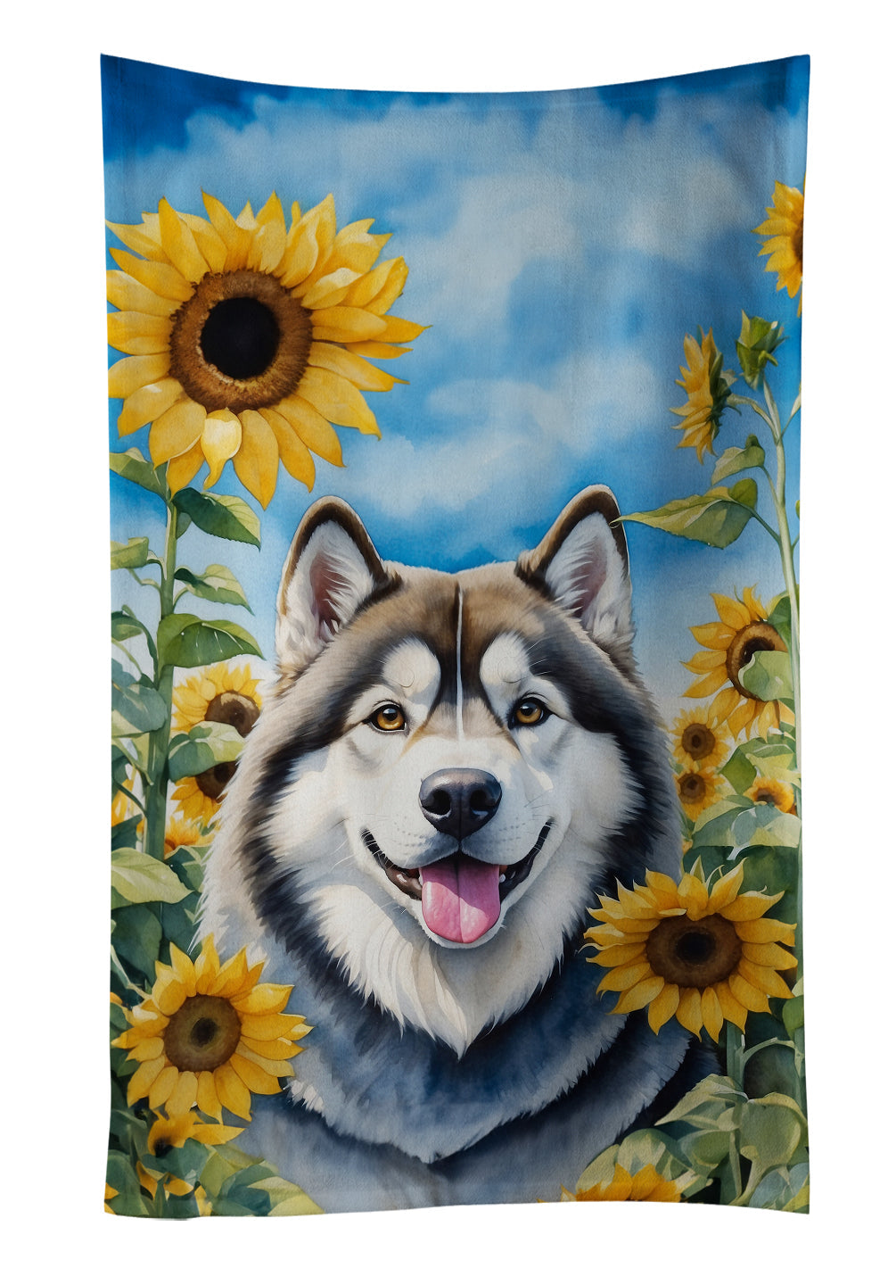 Alaskan Malamute in Sunflowers Kitchen Towel Velour Plush Front and Cotton Loop Back Machine Washable