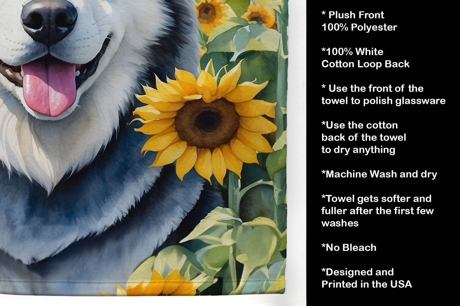 Alaskan Malamute in Sunflowers Kitchen Towel Velour Plush Front and Cotton Loop Back Machine Washable