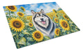 Alaskan Malamute in Sunflowers Cutting Board Tempered Glass Kitchen Cutting Surface, Heat Resistant Chopping Board with Non-Slip Feet, Decorative Food Prep & Serving