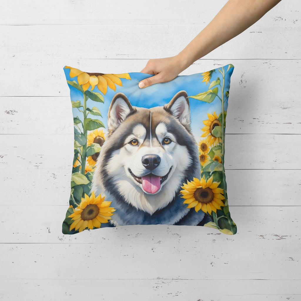 Alaskan Malamute in Sunflowers Decorative Throw Pillow 18x18 Indoor Outdoor Accent Cushion, Fabric Cover with Insert for Sofa, Bed, Porch & Living Room