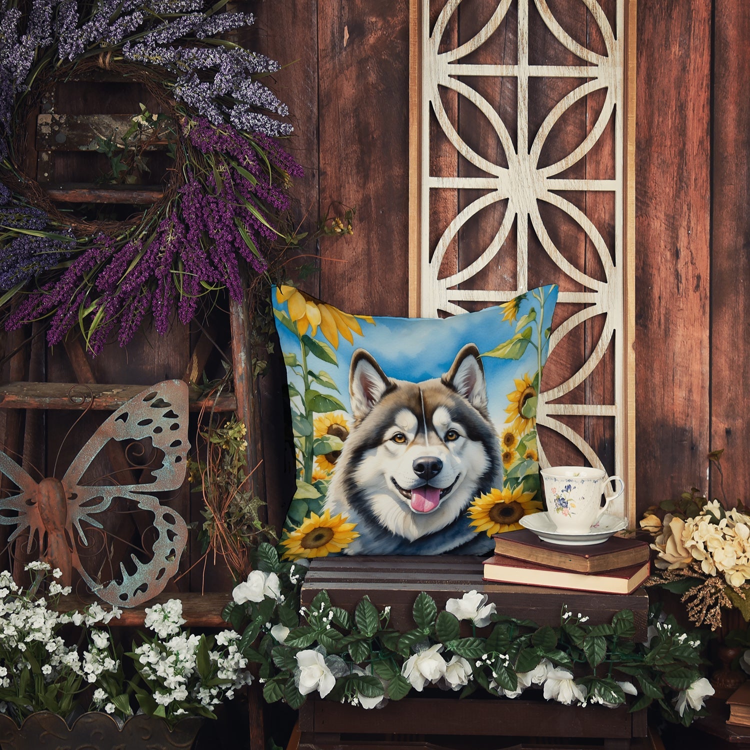 Alaskan Malamute in Sunflowers Decorative Throw Pillow 18x18 Indoor Outdoor Accent Cushion, Fabric Cover with Insert for Sofa, Bed, Porch & Living Room