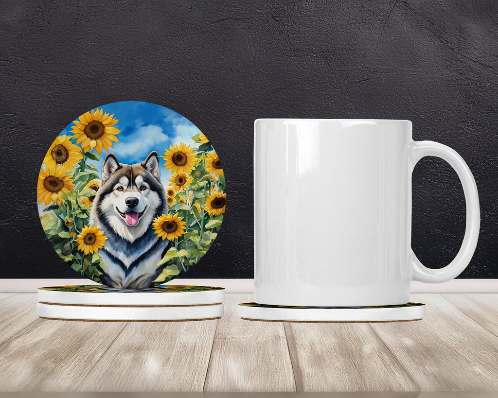 Alaskan Malamute in Sunflowers Large Sandstone Coasters Pack of 4 Absorbent Round Coasters Decor Gifts for Men or Women, 4 in, Multicolor