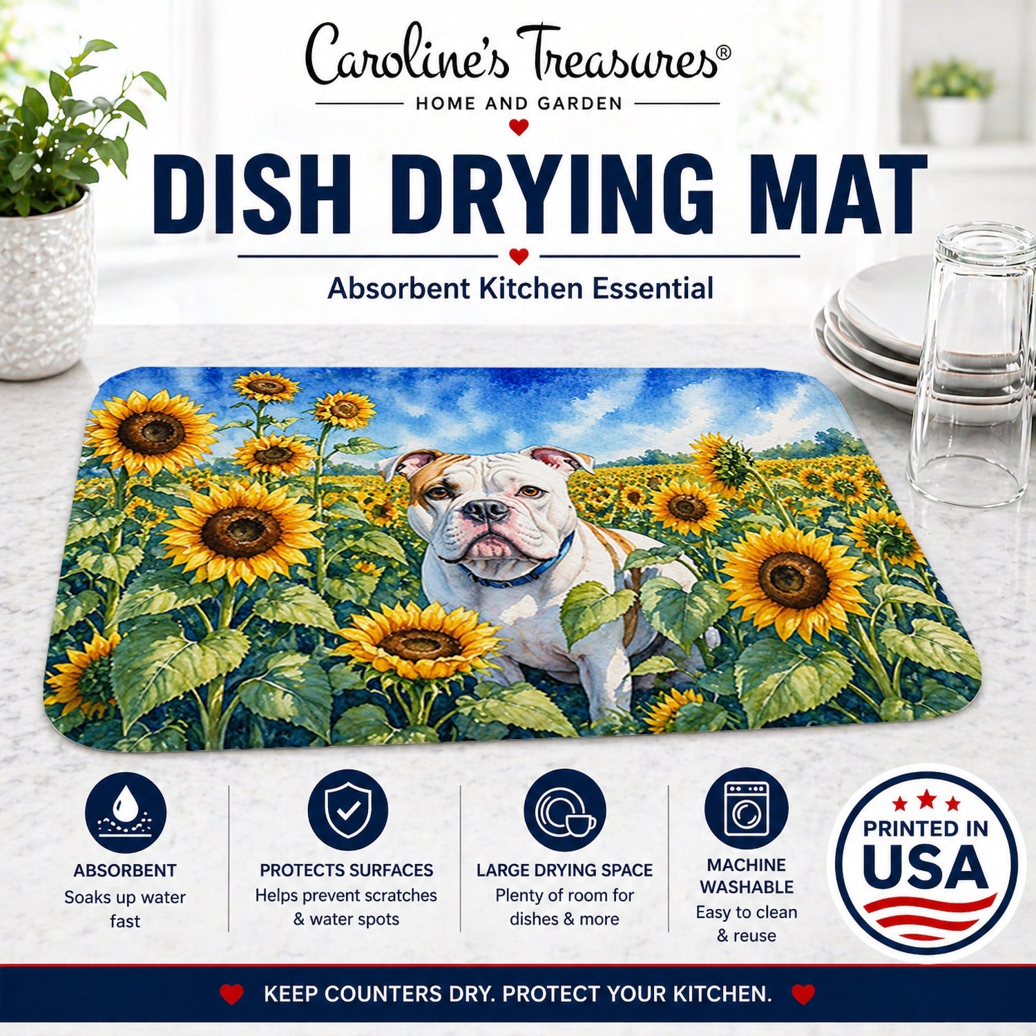American Bulldog in Sunflowers Dish Drying Mat Absorbent Dish Drying Mat Pad for Kitchen Counter Dish Drainer Mat for Countertop, 14 x 21", Multicolor