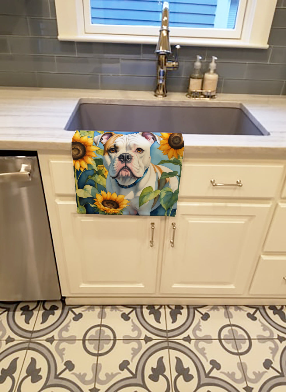 American Bulldog in Sunflowers Kitchen Towel Velour Plush Front and Cotton Loop Back Machine Washable
