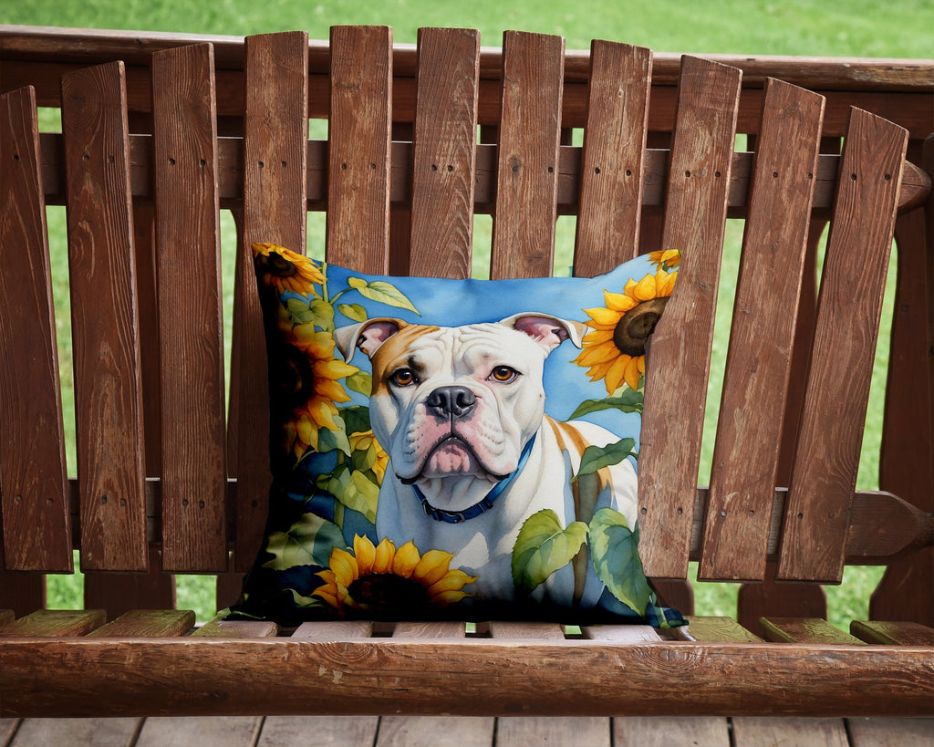 American Bulldog in Sunflowers Decorative Throw Pillow 14x14 Indoor Outdoor Accent Cushion, Fabric Cover with Insert for Sofa, Bed, Porch & Living Room