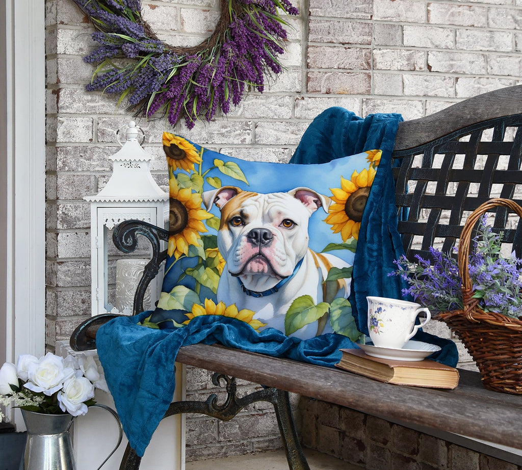 American Bulldog in Sunflowers Decorative Throw Pillow 18x18 Indoor Outdoor Accent Cushion, Fabric Cover with Insert for Sofa, Bed, Porch & Living Room