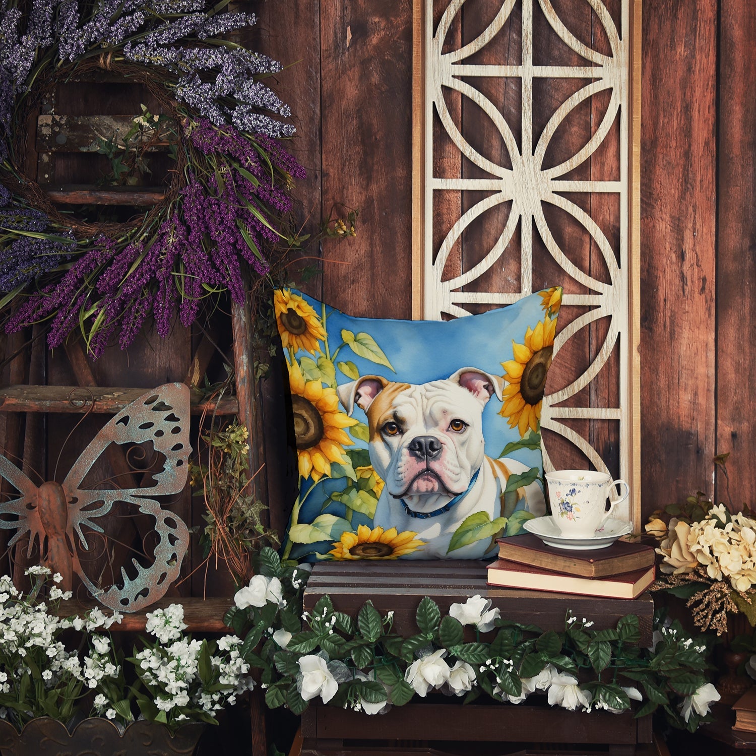 American Bulldog in Sunflowers Decorative Throw Pillow 18x18 Indoor Outdoor Accent Cushion, Fabric Cover with Insert for Sofa, Bed, Porch & Living Room