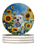American Bulldog in Sunflowers Large Sandstone Coasters Pack of 4 Absorbent Round Coasters Decor Gifts for Men or Women, 4 in, Multicolor