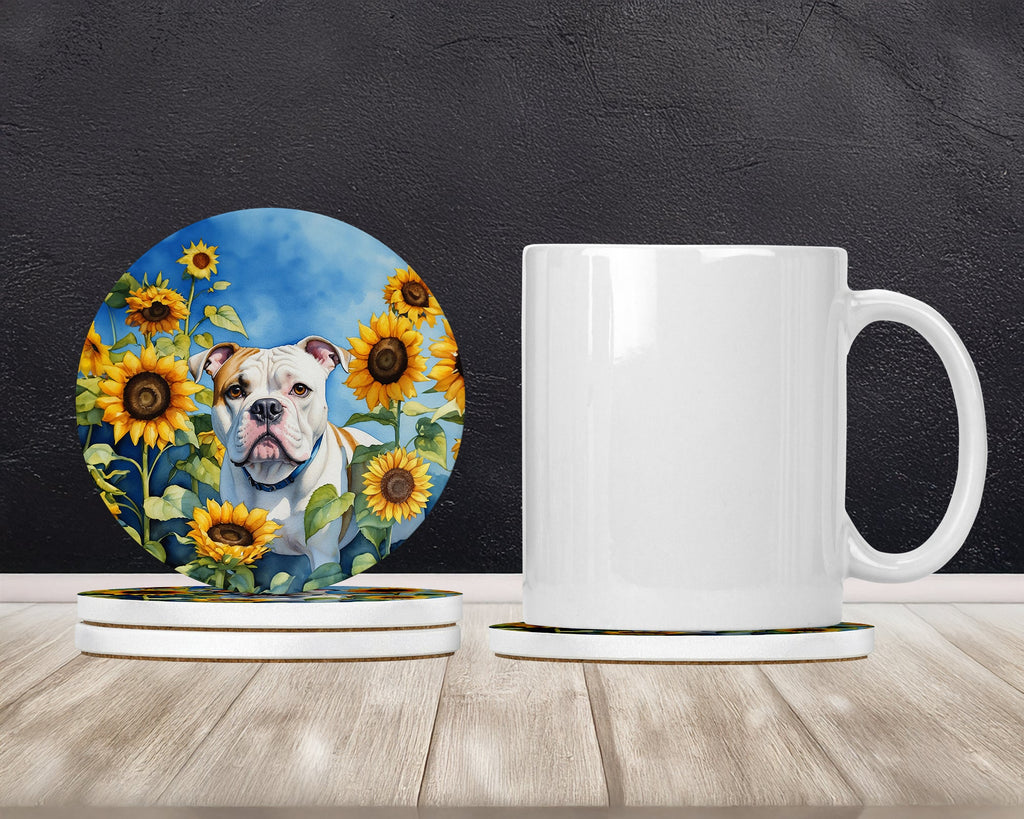 American Bulldog in Sunflowers Large Sandstone Coasters Pack of 4 Absorbent Round Coasters Decor Gifts for Men or Women, 4 in, Multicolor