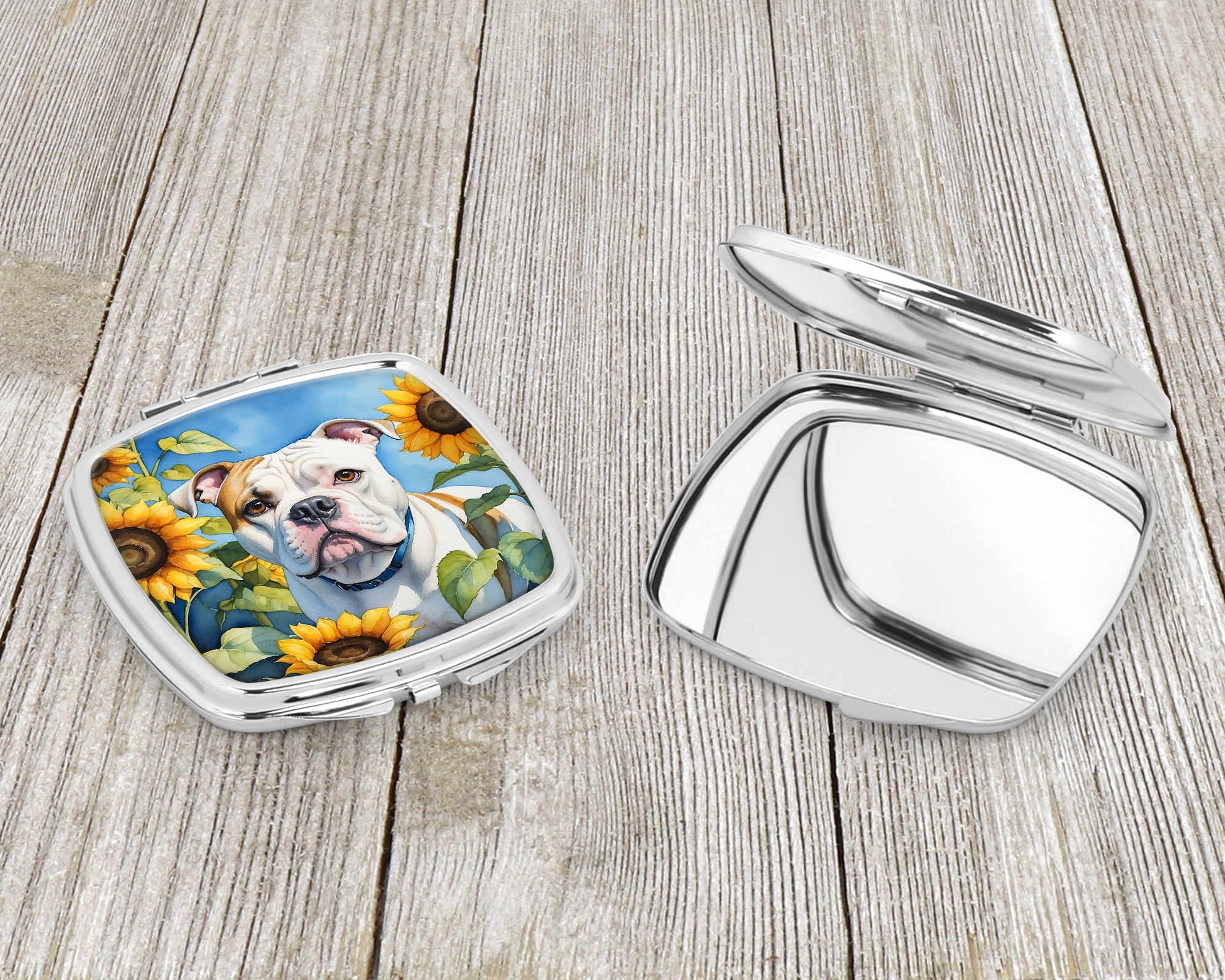 American Bulldog in Sunflowers Compact Mirror Decorative Travel Makeup Mirror for Women Girls Gifts Pocket Makeup Mirror Folding Handheld