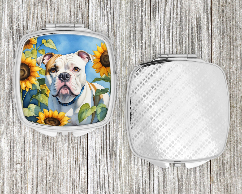 American Bulldog in Sunflowers Compact Mirror Decorative Travel Makeup Mirror for Women Girls Gifts Pocket Makeup Mirror Folding Handheld