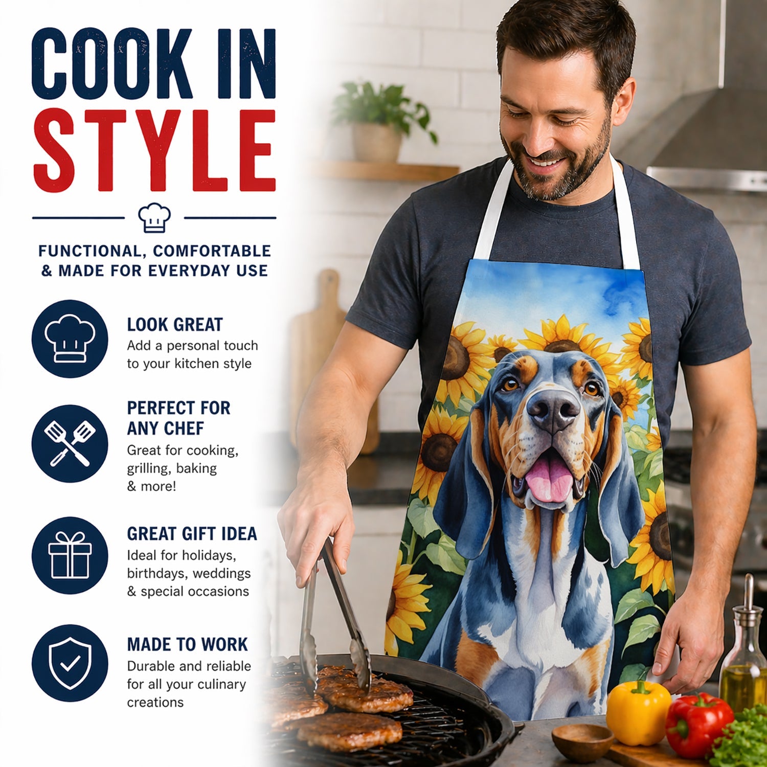 American English Coonhound in Sunflowers Apron Cooking Kitchen Server Baking Crafts Gardening for Adult Women Men, Unisex, Large, Multicolor