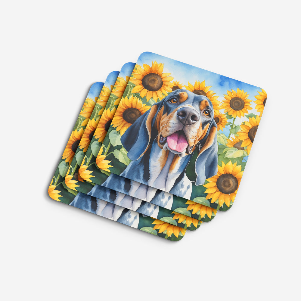 American English Coonhound in Sunflowers Foam Coasters Set of 4 Cup Coasters for Indoor Outdoor, Tabletop Protection, Anti Slip, Mouse pad Material