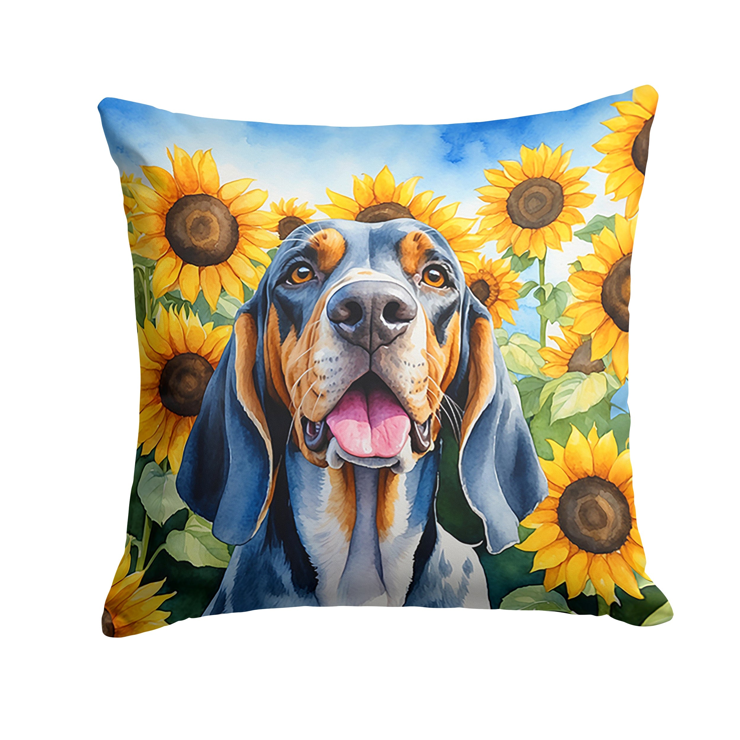 American English Coonhound in Sunflowers Decorative Throw Pillow 18x18 Indoor Outdoor Accent Cushion, Fabric Cover with Insert for Sofa, Bed, Porch & Living Room