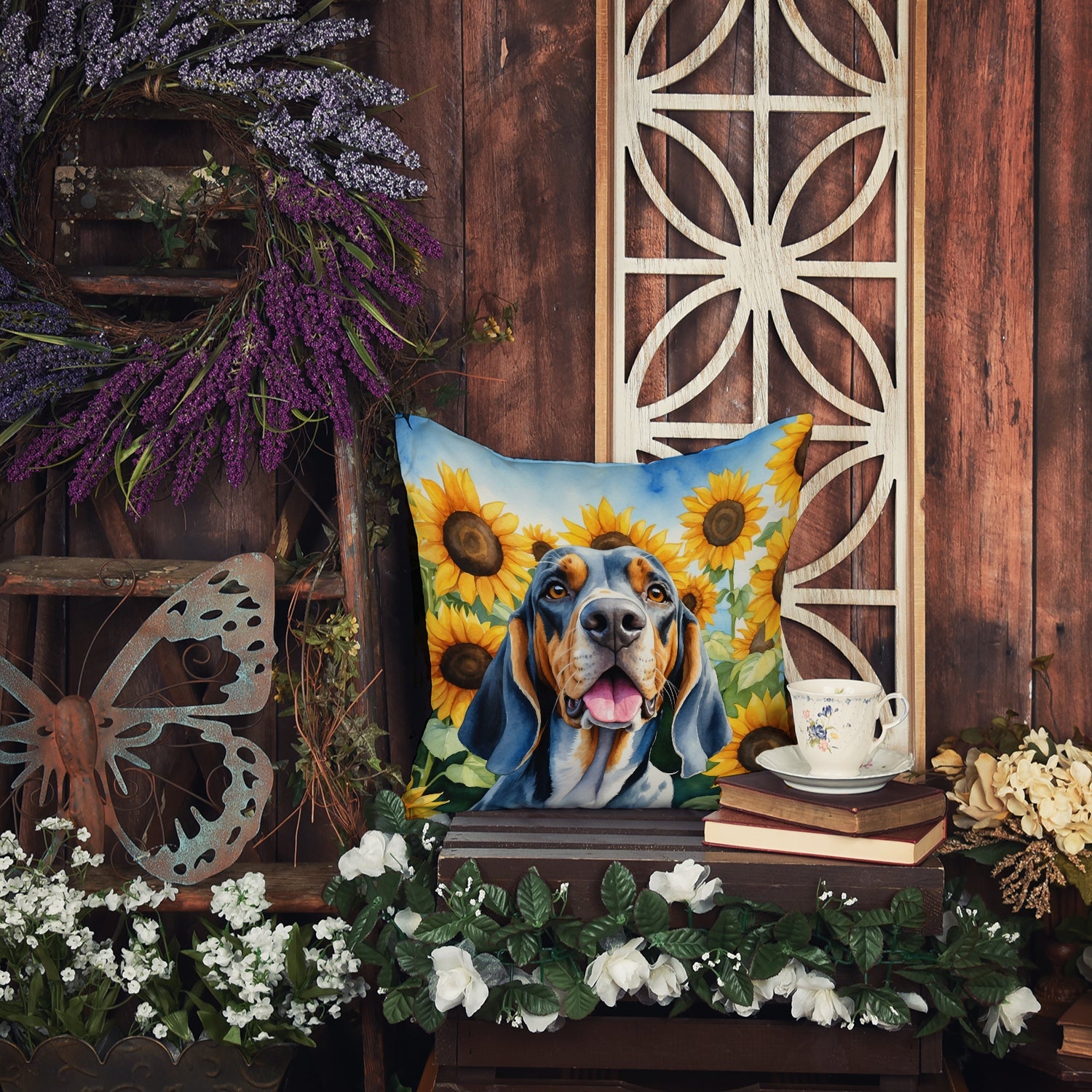 American English Coonhound in Sunflowers Decorative Throw Pillow 18x18 Indoor Outdoor Accent Cushion, Fabric Cover with Insert for Sofa, Bed, Porch & Living Room