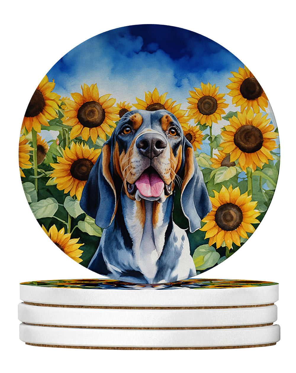 American English Coonhound in Sunflowers Large Sandstone Coasters Pack of 4 Absorbent Round Coasters Decor Gifts for Men or Women, 4 in, Multicolor