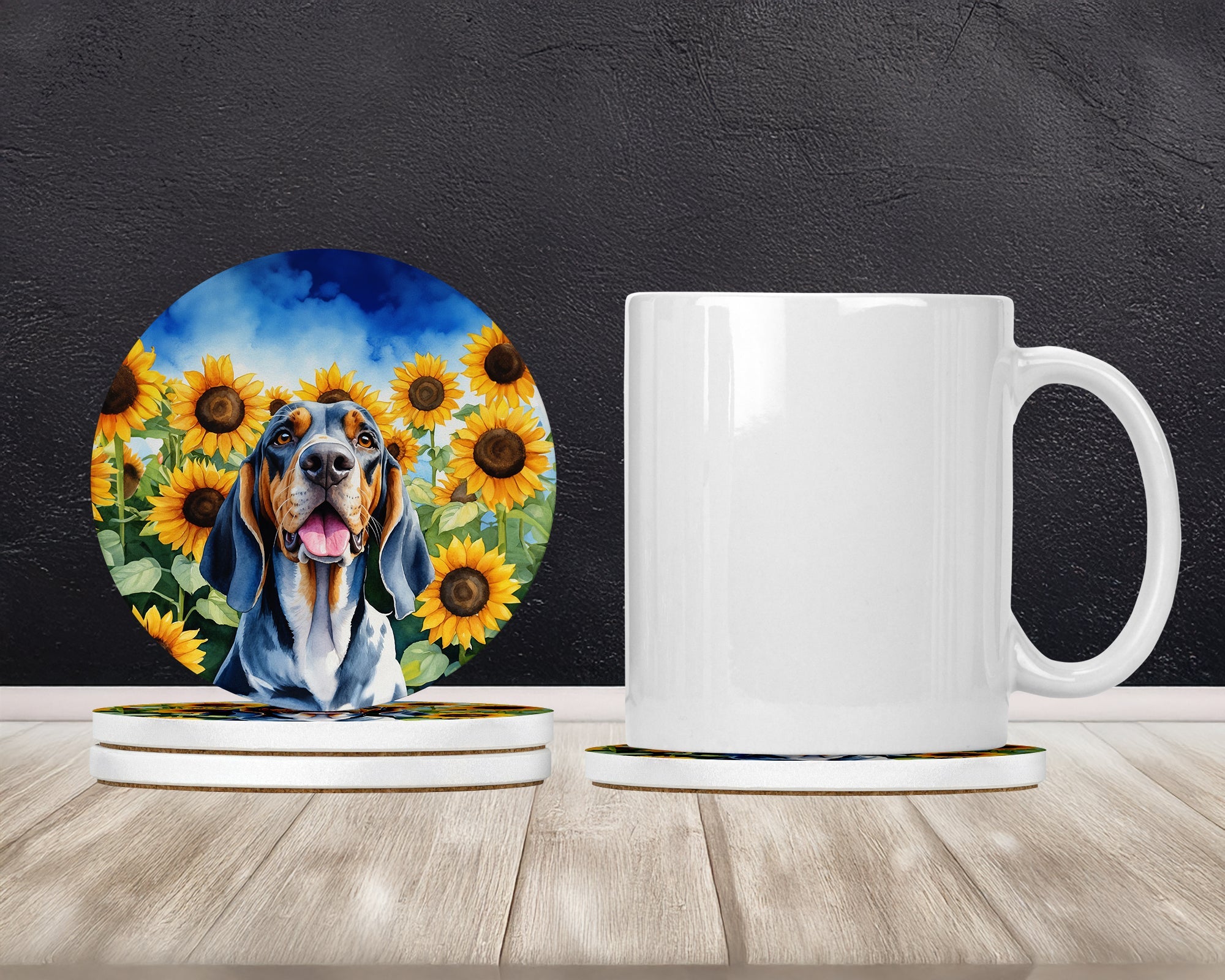 American English Coonhound in Sunflowers Large Sandstone Coasters Pack of 4 Absorbent Round Coasters Decor Gifts for Men or Women, 4 in, Multicolor