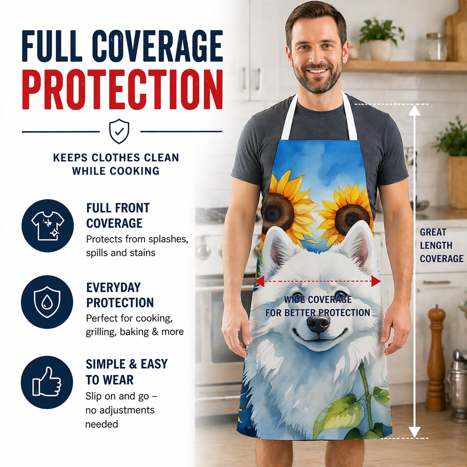 American Eskimo in Sunflowers Apron Cooking Kitchen Server Baking Crafts Gardening for Adult Women Men, Unisex, Large, Multicolor