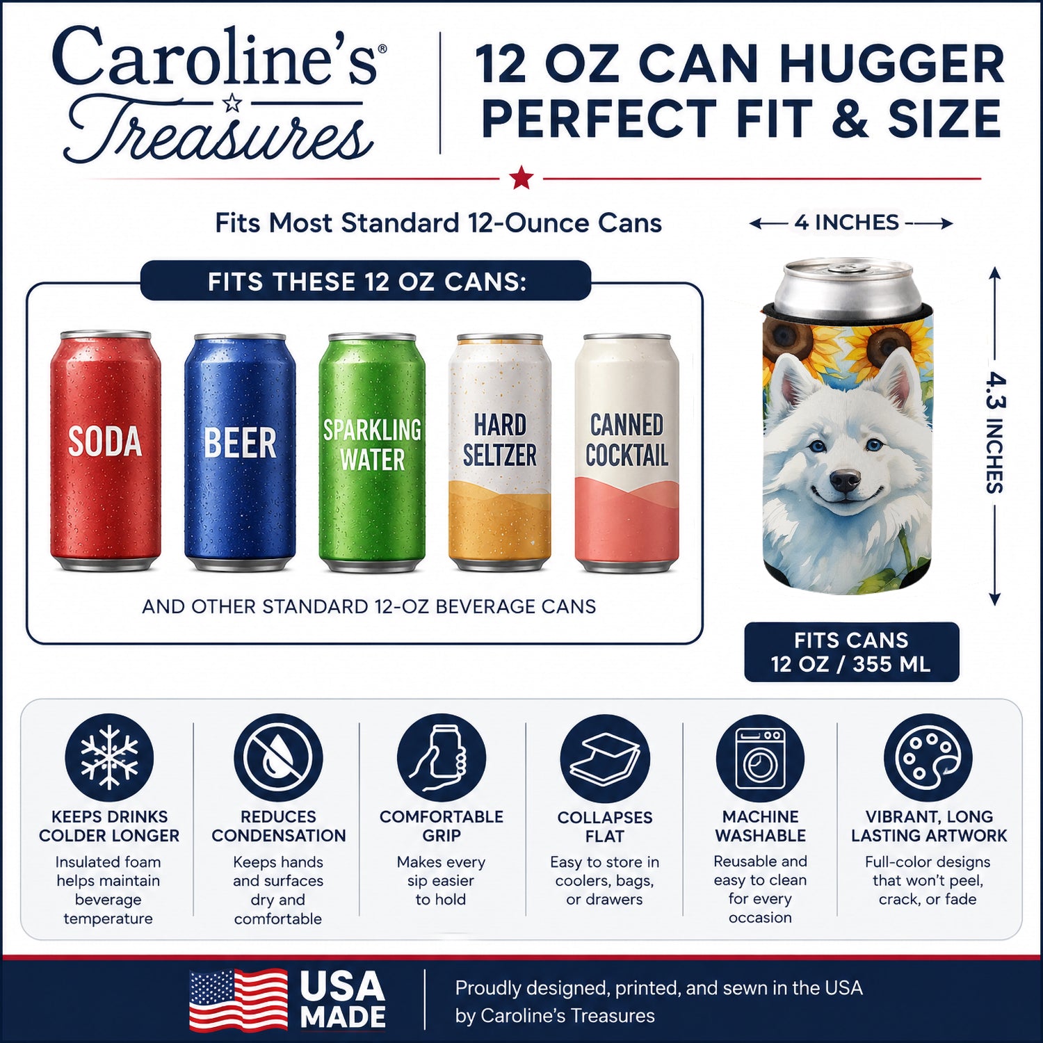 American Eskimo in Sunflowers Can or Bottle Hugger Cooler Sleeve for Standard 12 oz Cans, Insulated Foam Beer & Soda Can Hugger Reusable