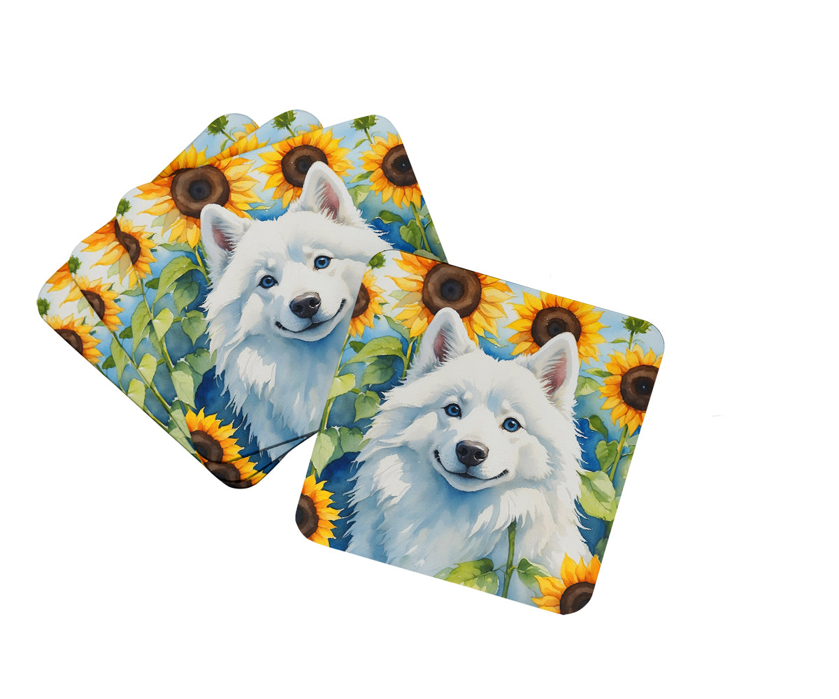 American Eskimo in Sunflowers Foam Coasters Set of 4 Cup Coasters for Indoor Outdoor, Tabletop Protection, Anti Slip, Mouse pad Material