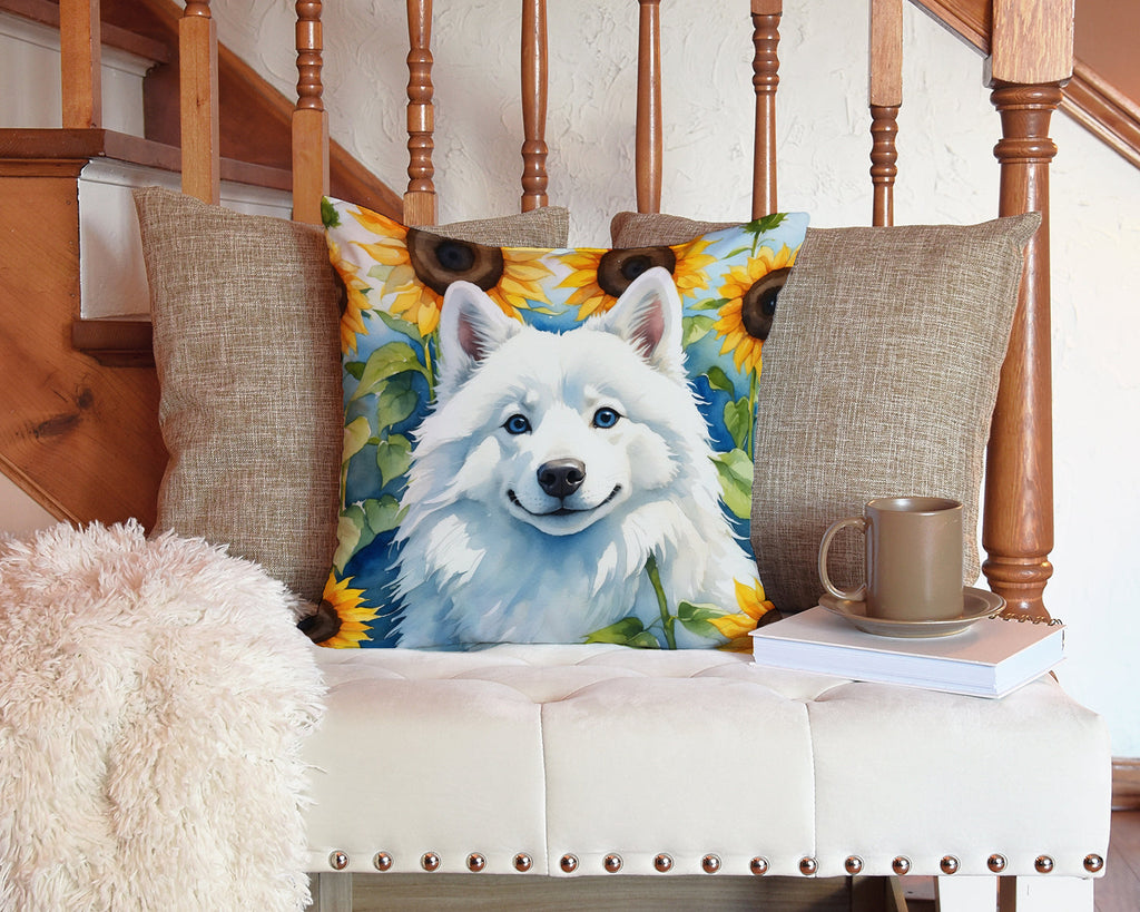 American Eskimo in Sunflowers Decorative Throw Pillow 14x14 Indoor Outdoor Accent Cushion, Fabric Cover with Insert for Sofa, Bed, Porch & Living Room