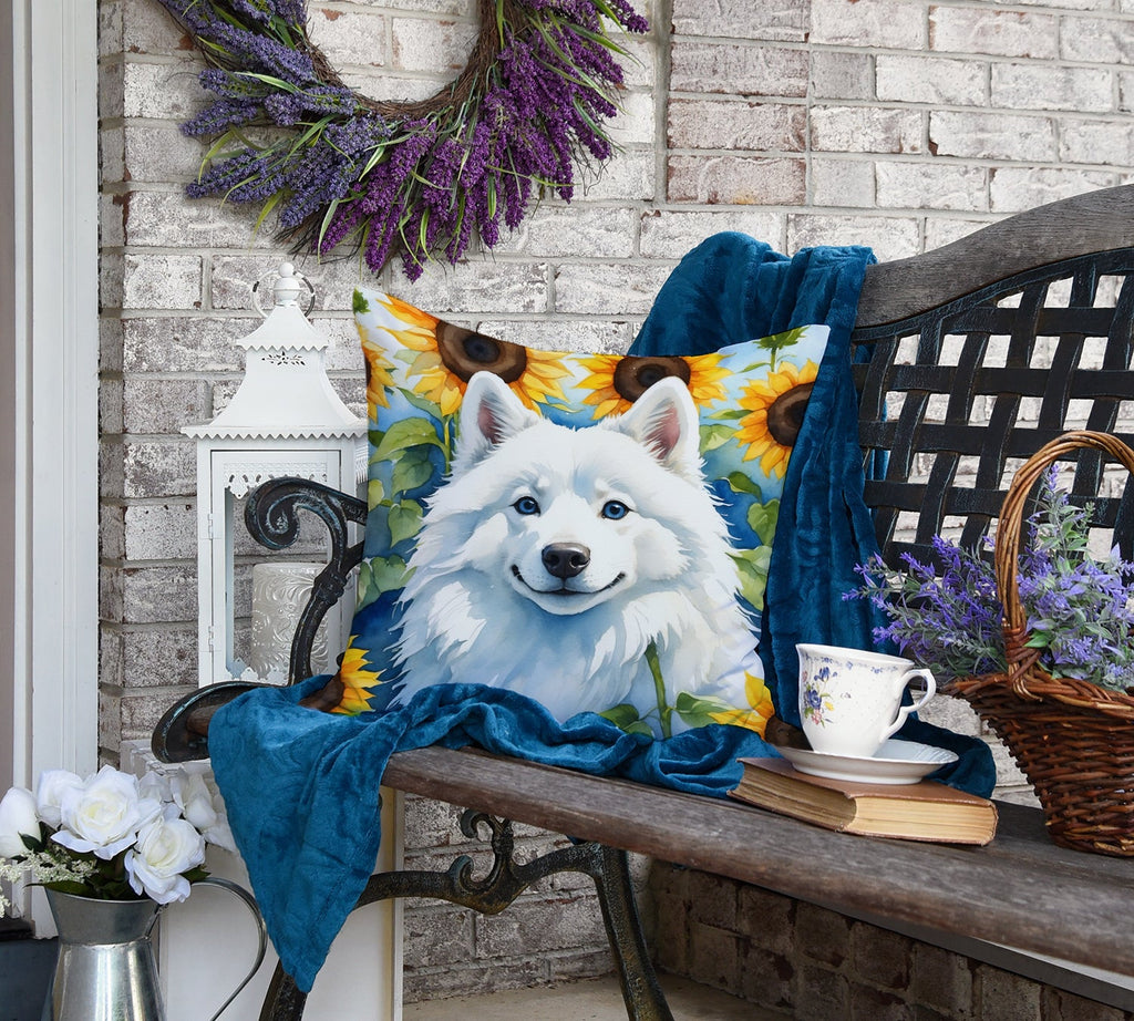 American Eskimo in Sunflowers Decorative Throw Pillow 18x18 Indoor Outdoor Accent Cushion, Fabric Cover with Insert for Sofa, Bed, Porch & Living Room