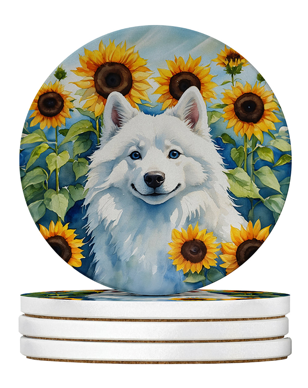American Eskimo in Sunflowers Large Sandstone Coasters Pack of 4 Absorbent Round Coasters Decor Gifts for Men or Women, 4 in, Multicolor