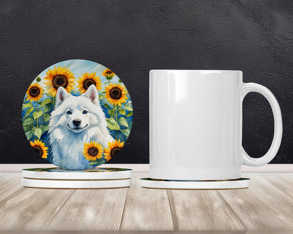 American Eskimo in Sunflowers Large Sandstone Coasters Pack of 4 Absorbent Round Coasters Decor Gifts for Men or Women, 4 in, Multicolor