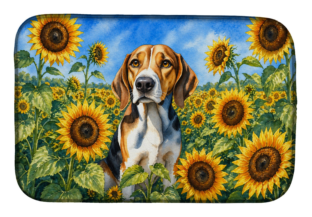 American Foxhound in Sunflowers Dish Drying Mat Absorbent Dish Drying Mat Pad for Kitchen Counter Dish Drainer Mat for Countertop, 14 x 21", Multicolor