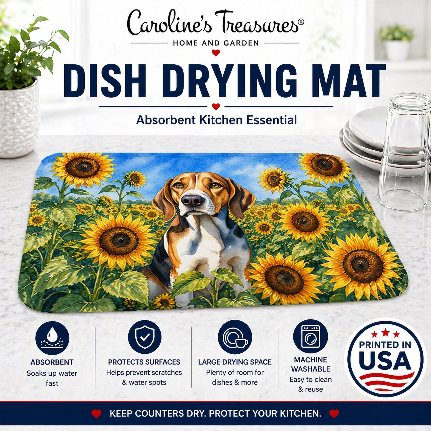 American Foxhound in Sunflowers Dish Drying Mat Absorbent Dish Drying Mat Pad for Kitchen Counter Dish Drainer Mat for Countertop, 14 x 21", Multicolor