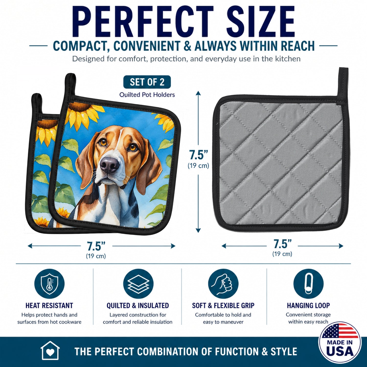 American Foxhound in Sunflowers Pot Holder Set of 2 Heat Resistant Quilted Hot Pads 7.5 x 7.5 Inch, Insulated Kitchen Trivets for Cooking & Baking