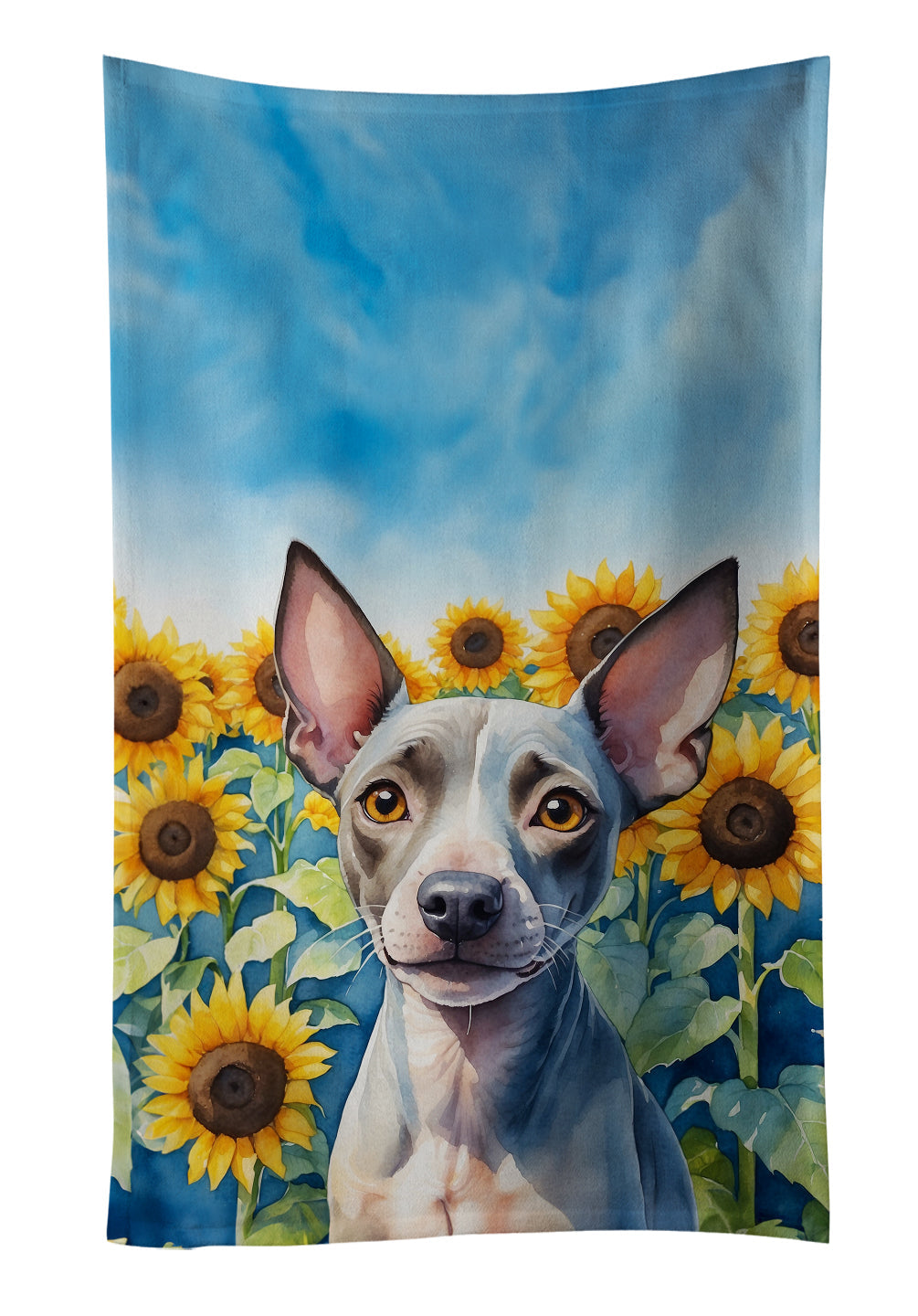 American Hairless Terrier in Sunflowers Kitchen Towel Velour Plush Front and Cotton Loop Back Machine Washable