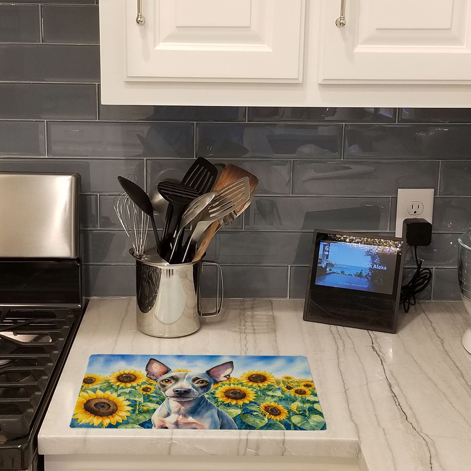 American Hairless Terrier in Sunflowers Cutting Board Tempered Glass Kitchen Cutting Surface, Heat Resistant Chopping Board with Non-Slip Feet, Decorative Food Prep & Serving