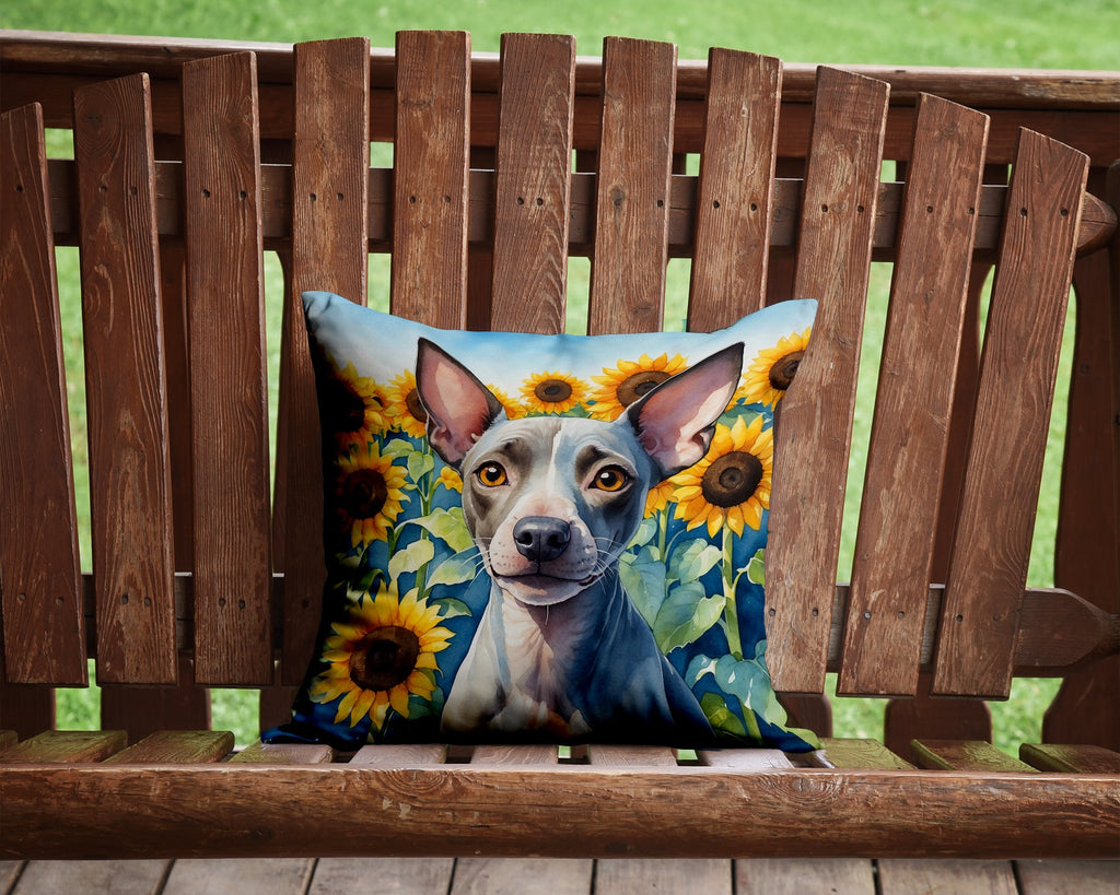 American Hairless Terrier in Sunflowers Decorative Throw Pillow 14x14 Indoor Outdoor Accent Cushion, Fabric Cover with Insert for Sofa, Bed, Porch & Living Room