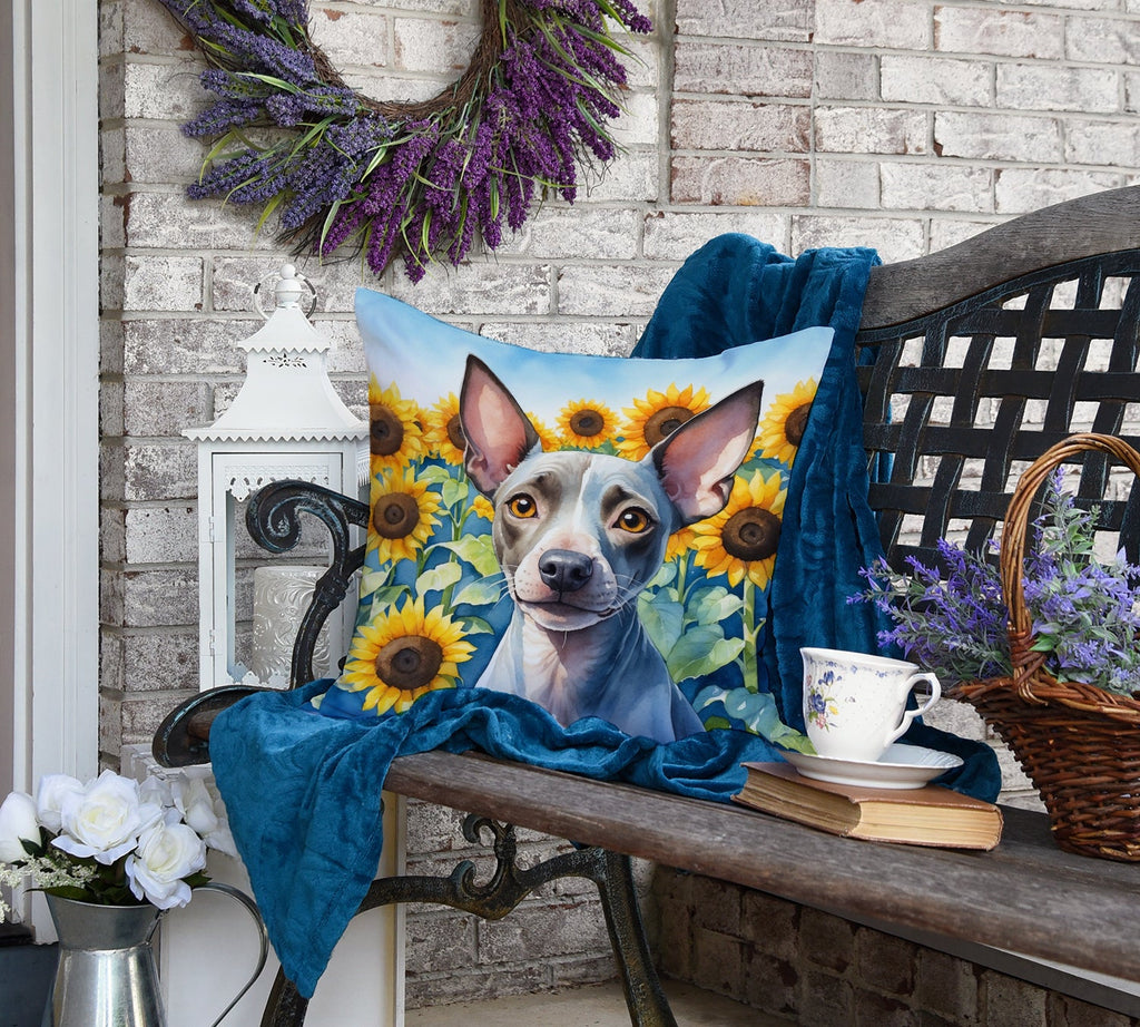 American Hairless Terrier in Sunflowers Decorative Throw Pillow 18x18 Indoor Outdoor Accent Cushion, Fabric Cover with Insert for Sofa, Bed, Porch & Living Room