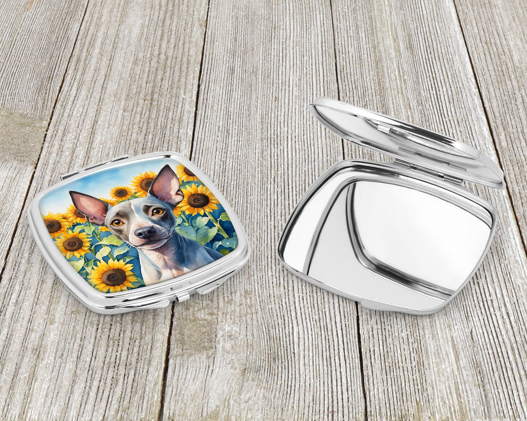 American Hairless Terrier in Sunflowers Compact Mirror Decorative Travel Makeup Mirror for Women Girls Gifts Pocket Makeup Mirror Folding Handheld