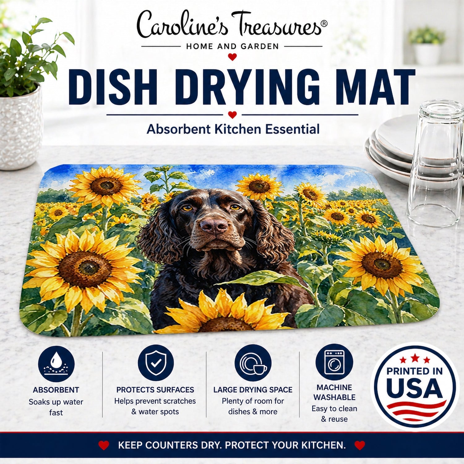 American Water Spaniel in Sunflowers Dish Drying Mat Absorbent Dish Drying Mat Pad for Kitchen Counter Dish Drainer Mat for Countertop, 14 x 21", Multicolor