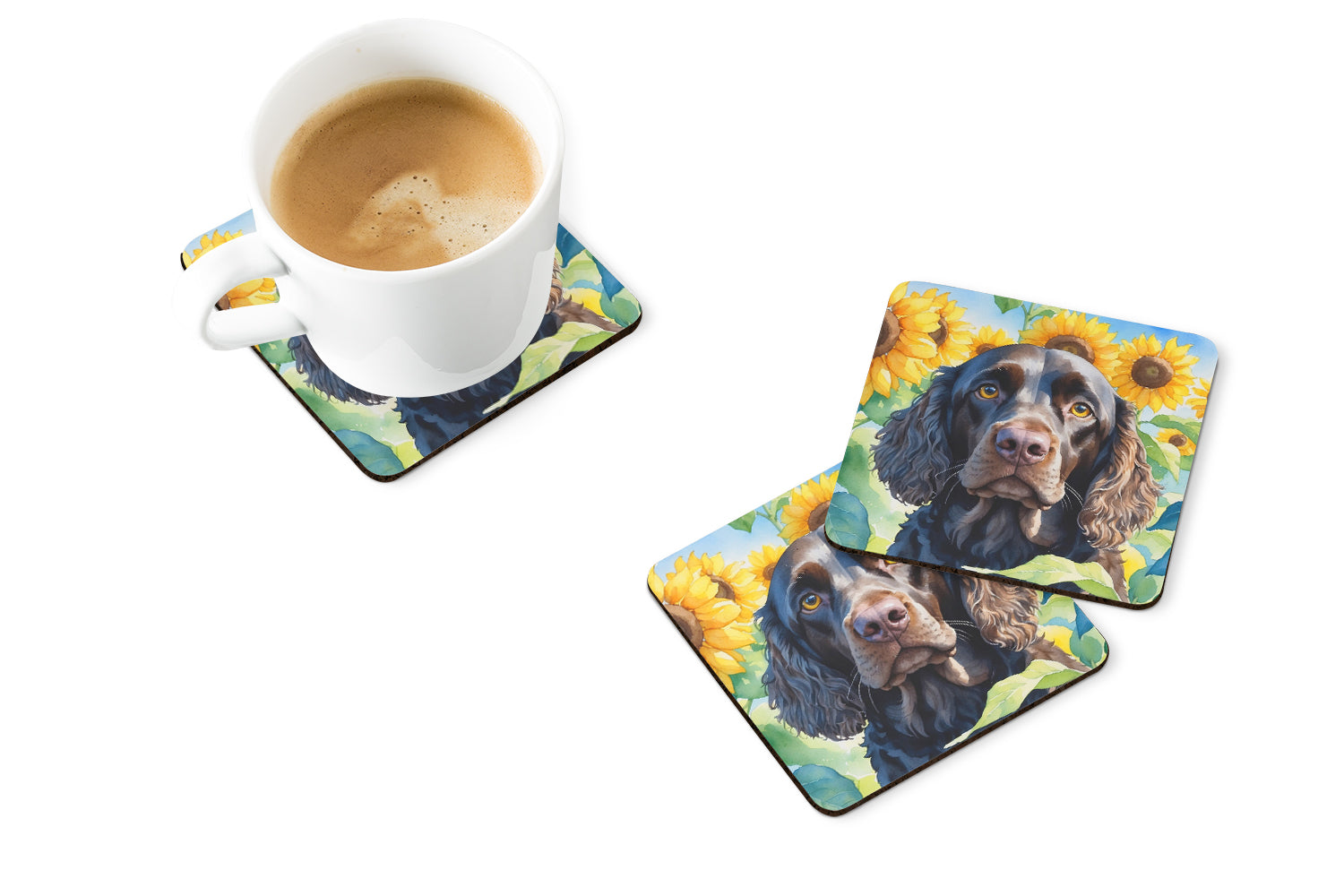 American Water Spaniel in Sunflowers Foam Coasters Set of 4 Cup Coasters for Indoor Outdoor, Tabletop Protection, Anti Slip, Mouse pad Material