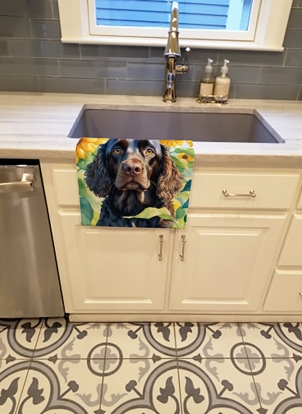 American Water Spaniel in Sunflowers Kitchen Towel Velour Plush Front and Cotton Loop Back Machine Washable